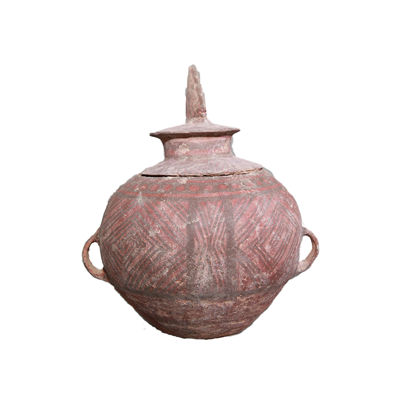 矛型纽盖回纹双耳彩陶罐